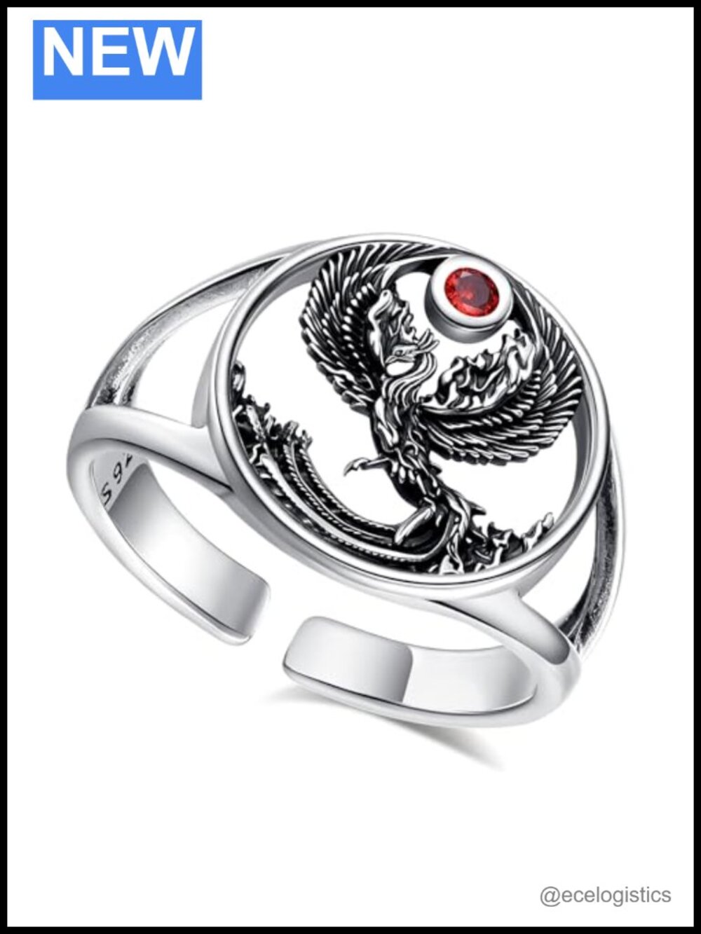 925 Sterling Silver Adjustable Gothic Phoenix Ring with Crimson Stone